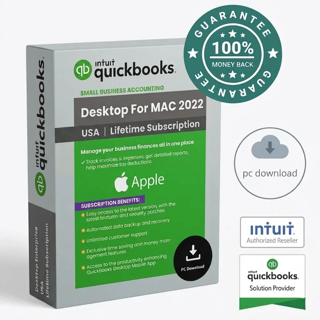 QuickBooks Desktop for Mac 2022 packaging with branding and features highlighted