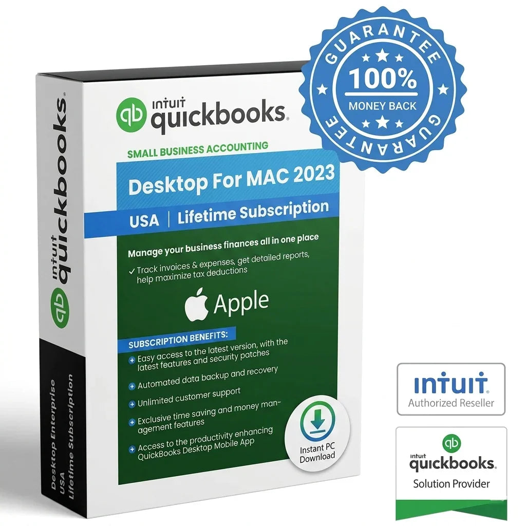 QuickBooks Desktop for MAC 2023 packaging with branding and features listed