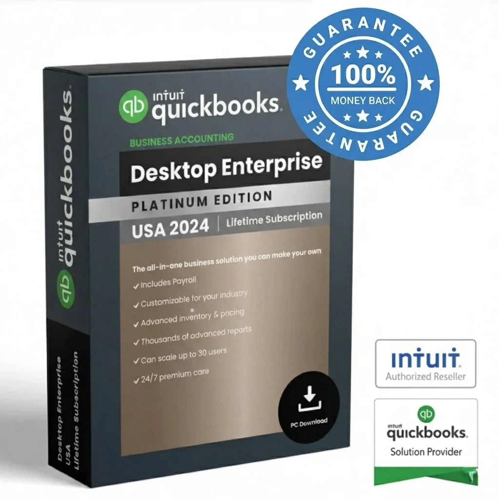 QuickBooks Enterprise Platinum 2024 software box with branding and product details, designed for business accounting and finance management.